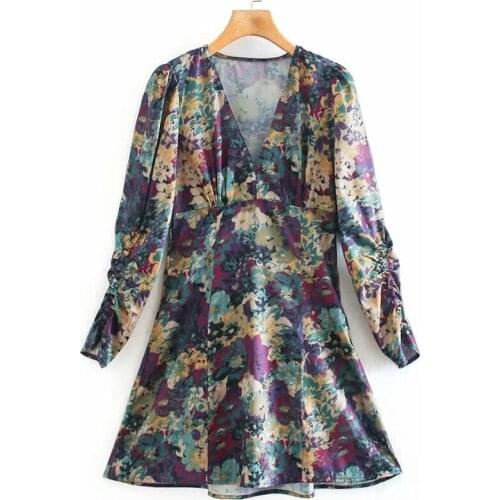 Za 2020 Vintage Women Dress Floarl Print Fashion V-Neck Mini Party Dresses Long Sleeve A-Line Elegant Vestidos Mujer