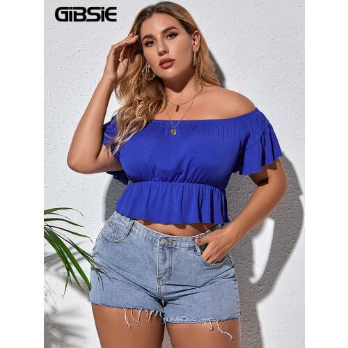 GIBSIE Solid Off Shoulder Crop Top Blouse Plus Size xxxl 4xl Women Summer Short Sleeve Ruffle Hem Casual Blouses And Tops