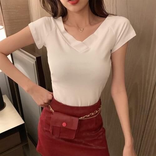 Fashion 2021Spring Summer Women Cotton T-shirt V-Neck Short Sleeve Female Tee Slim T-Shirt Casual Solid Lady Tshirt Tops