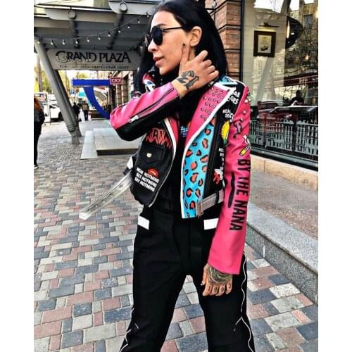 LMCAVASUN Rivet Decoration Jacket 2019 Autumn Outerwear Long Sleeve Patchwork Coat for Women Letters Print PU Leather Jacket