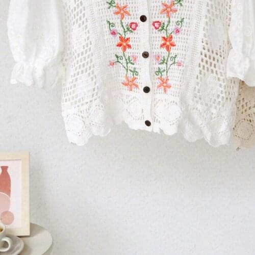 Women Summer Puff Short Sleeve T-Shirt Sexy V-Neck Button Down Hollow Crochet Crop Top Floral Embroidery Loose Cardigan