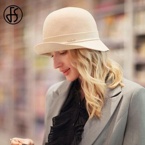 FS Vintage Black Wool Felt Winter Hats For Women With Ribbon Decoration Wide Brim Bowler Fedoras Cloche Hat Ladies Floppy Derby