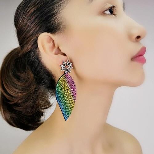 MANILAI Big Leaf Rainbow Rhinestone Earrings Women Multicolor Charm Long Dangle Drop Earrings Girl Cute Jewelry Fashion Bohemian