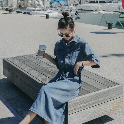 Women Long Denim Dress Spring Summer 2020 Fashion Lacing Blue Dresses short-sleeve Adjustable Waist Loose Cotton Dress Female 57