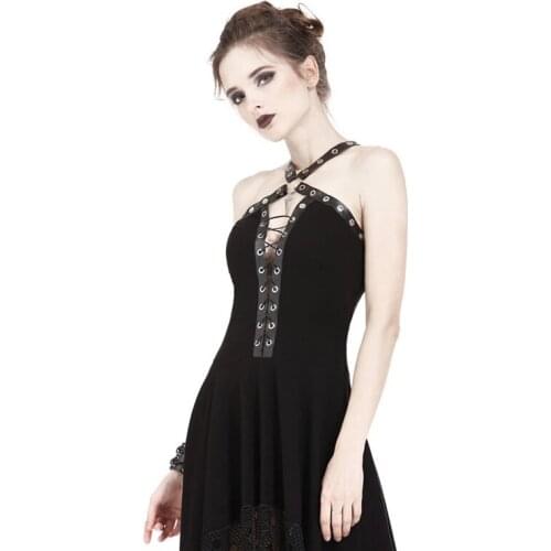 Gothic Dress Women Sexy Hollow Out Sleeveless Halter Neck Female Dresses Backless Vintage Goth Style Midi Evening Dress Elegant