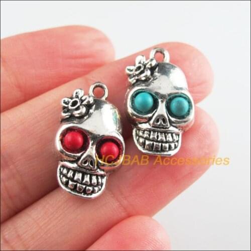 10 New Halloween Charms Tibetan Silver Tone Red & Blue Stone Flower Skull Pendants 13x22mm