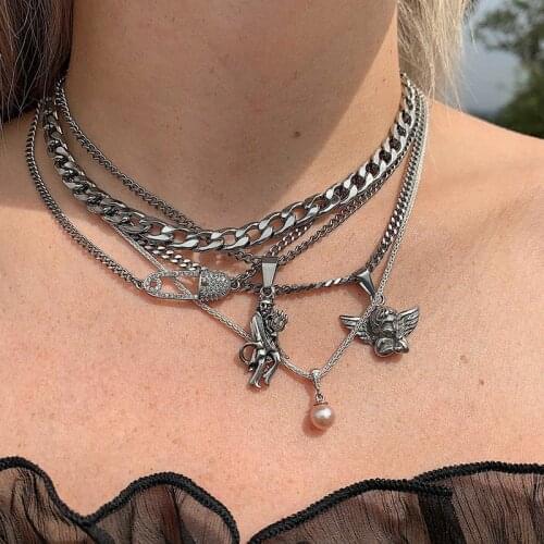5 Pcs/Set Women Necklaces Silver Color Angel Demon Pearl Pendant Multilayer Clavicle Chain Ladies Charm Beach Party Jewelry