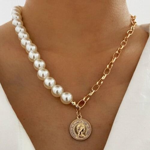 Classic Asymmetrical Pearl Metal Chain Coin Portrait Pendant Necklace for Women Men Girls Teens Necklaces 2021 Trend New Arrival
