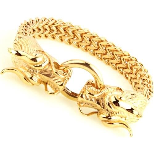 Mens Punk Double Dragon Head Herringbone Chain Bracelet for Men Braslet Stainless Steel Gold Tone Hip Hop Male Jewelry 22cm