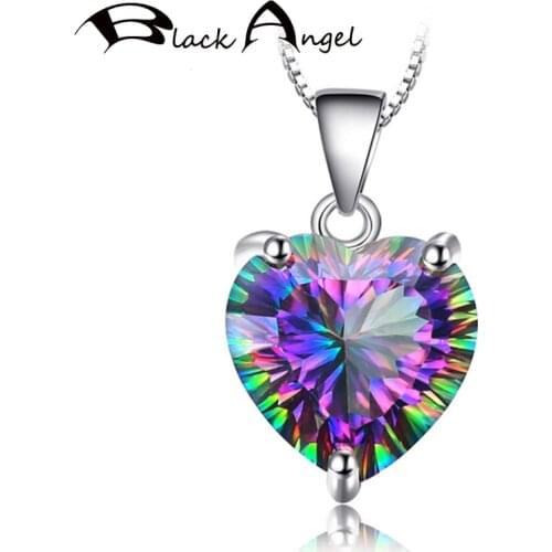 BLACK ANGEL 925 Sterling Silver Rainbow Mystic Topaz Gemstone Heart Shaped Pendant Necklace for Women Wedding Fashion Jewelry