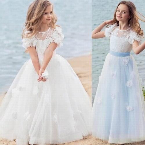 Pageant Kids Flower Girl Dresses For Wedding Short Sleeve Princess Gown Girls First Communion Vestido Primera Comunion 2020