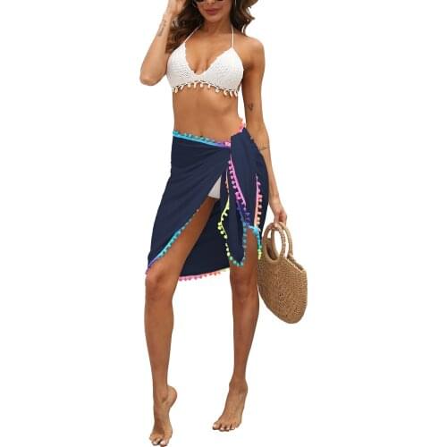 Women Beach Sarongs, Sexy Sheer Mesh Swimsuit Wrap Skirt Bikini Cover Up with Colorful Pompom Tassel