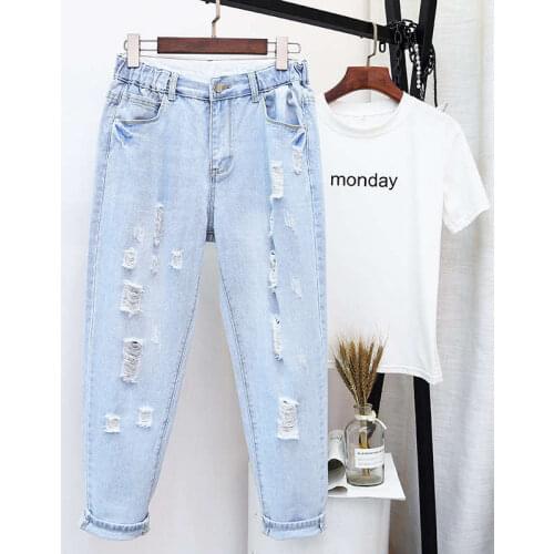 4XL 5XL Plus Size Jeans Woman High Waist Denim Trousers Loose Hole Ripped Jeans For Women Washed Summer Autumn Jean Femme