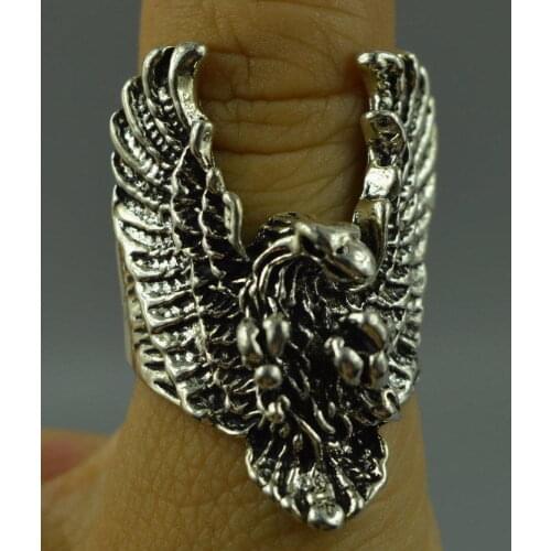 Exquisite Tibet Silver Copper Carved Fierce Flying Eagle Rare Noble Leader Ring