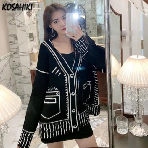 KOSAHIKI Loose Streetwear Cardigan Women Korean Chic Jacquard Striped Knitted Sweater Coat 2021 Nea Fashion Black White Knitwear