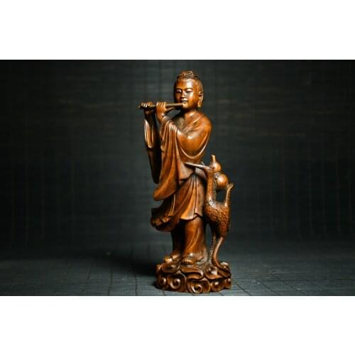 7"China Lucky Old Boxwood Hand-carved Statue of Han Xiangzi One of the Eight Immortals Office Ornaments Town House Exorcism