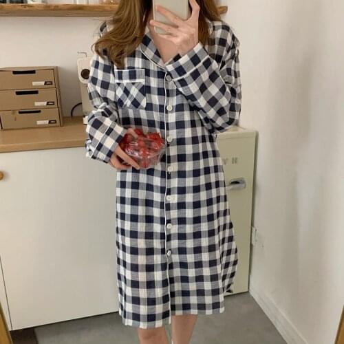 Plaid Summer Nightgown Women Single Breasted Shirts Sleepwear Long Sleeve Vintage Casual Japanese Homewear Home Clothes