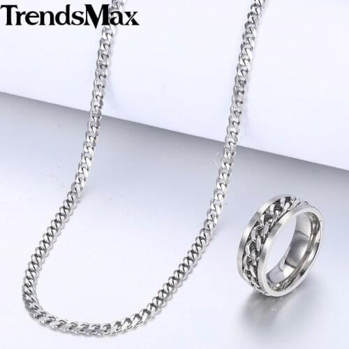 Mens Ring Necklace Jewelry Set Stainless Steel Cuban Link Chain Necklace Wedding Ring Male Jewelry Hip Hop KB214_8KR143