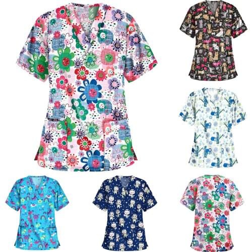 Nurse Nursing Overalls Women Short Sleeve V-neck Tops Nurse Couthing Working Uniform Cartoon Print Blouse медицинский костюм q5