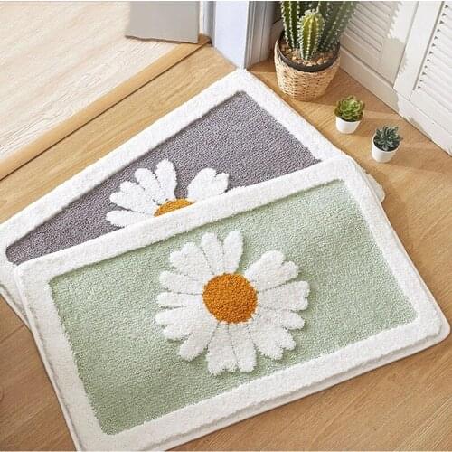 Non-Slip Flocking Mat Mint Green Embroidery Daisy Bath Non-slip Carpet Toilet Door Entrance Door Absorbent Foot Mat JS298C