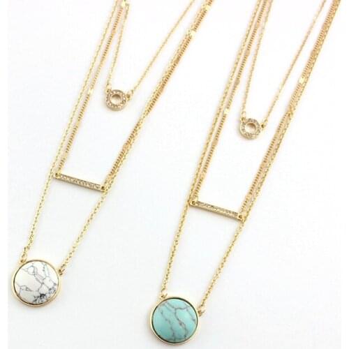 2016 New crystal jewelry White green stone bar circle necklace Three layers of geometric necklace Gold chain