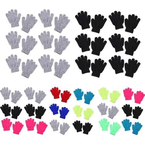 6 Pairs Kids Winter Knitted Full Finger Gloves Neon Solid Color Warm Mittens