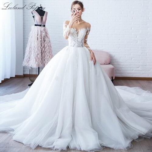 Lceland Poppy Elegant A-line Beaded Tulle Wedding Dresses 2020 Illusion Full Sleeves Floor Length Vestido de novia Bridal Dress