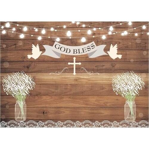 First Holy Communion Baptism Party Backdrop Rustic Wood God Bless Floral Christening Baby Shower Cake Table Decoration Banner