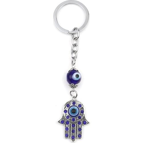 1 PC Religious Evil Eye Series Keychain & Keyring Silver Color Hamsa Symbol Hand Dark Blue Rhinestone 13cm x 3.3cm