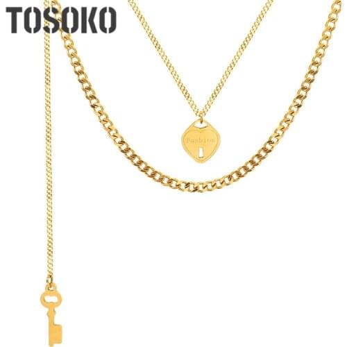 TOSOKO Stainless Steel Jewelry Super Long Tassel Key Peach Heart Lock Double Layer Stacked Necklace Womens Fashion Chain P1021