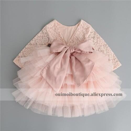 2018 Spring Baby Girls Long Sleeve Lace Dresses Kids Princess Pink Puffy Dress With Ribbons New Year Wedding Birthday Costume