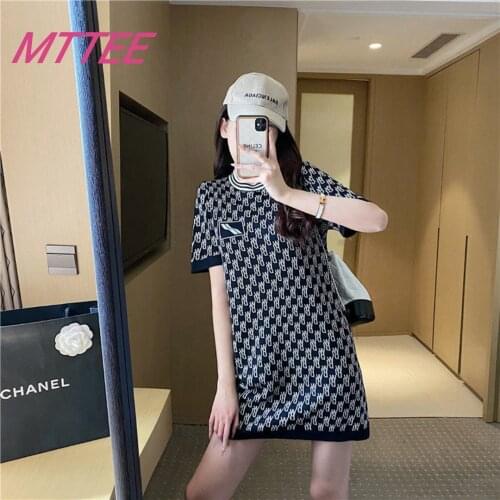 Vintage We11done Knitted Dress Plus Size Short Sleeves Clothes 2021 Summer Korean Style Clothing Casual Womens Dresses