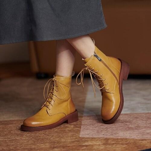 British Style Vintage Platform Chunky Punk Western Boots New Split Leather Round Toe Cross-tied Med Heels Ankle Boots Women New