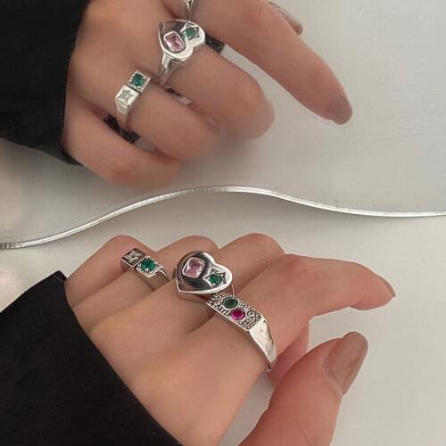 Silvology 925 Sterling Silver Red Green Crystal Square Heart Rings for Women Temperament Luxury Rings 2021 Summer Trendy Jewelry