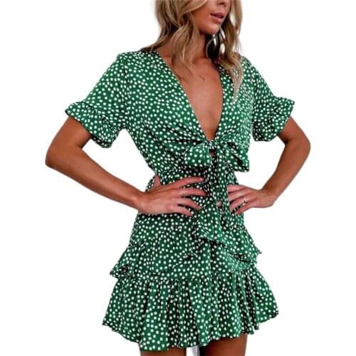 Sexy V Neck Women Summer Dot Printed Mini Dress High Waist Pleated Holiday Party Mini Dress Beach Dresses Sundress
