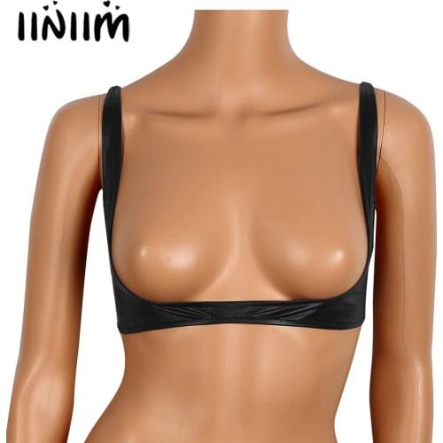 Womens Sexy Lingerie Bras for Nightclub Faux Leather Adjustable Wire-free Open Cup Shelf Bra Exposed Breasts Nipples Bras Tops