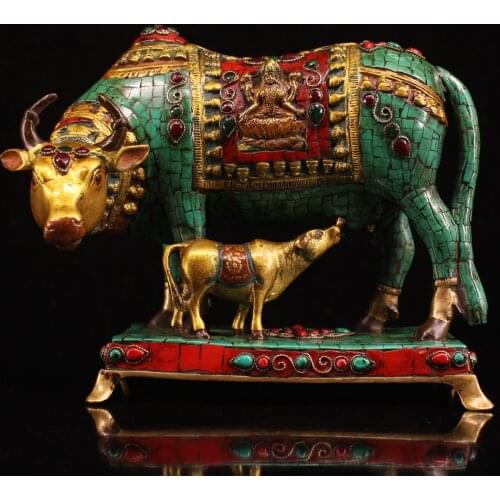 11"Tibet Buddhism Old Bronze Gem Painted outline in gold Cow statue Big cow and calf Four-armed Guanyin Elephant statue