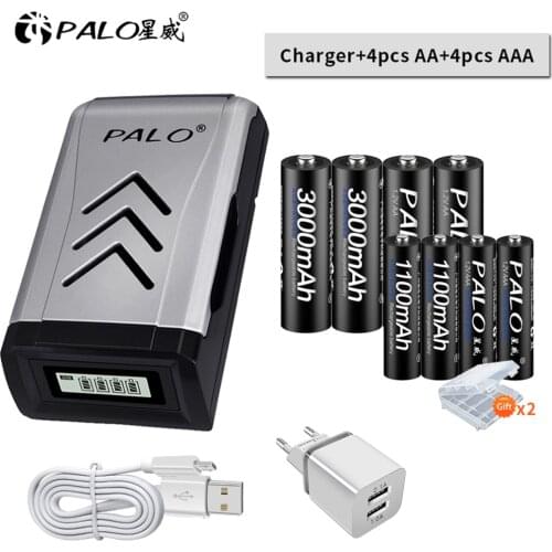 PALO 4PCS NI-MH 1.2V aa AA rechargeable batteries + 4PCS 1.2V aaa AAA rechargeable battery+smart intelligent USB Battery Charger