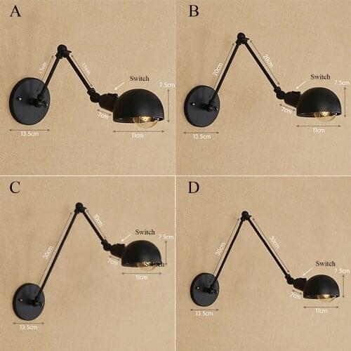 Industrial Style Sconce Wall Lighting with Adjustable Arm Retro Led Wall Lamp Switch for Home Art Deco AC 90-260V Black E27 Base