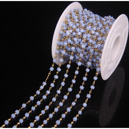 2.5mm Square Beads Charms Wire Wrapped Rosary Chain,light blue colour Glass&Copper beads Plating gold Chain DIY Bracelet