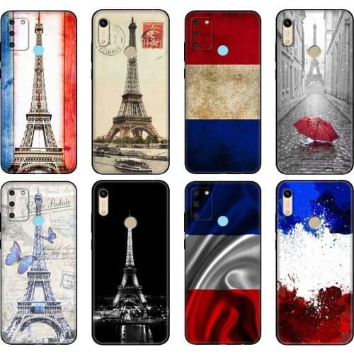 Black tpu Case For Honor 8a Prime 8s 9 10X Lite 9A 9C 9X Premium Pro 9S Case Cover France Flag Paris Eiffel Tower