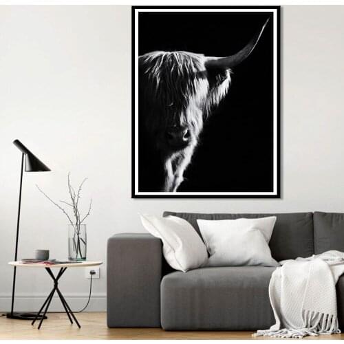 Black and White Highland Cow Cattle Canvas Painting Nordic Prints and Poster Cuadros Wall Art Picture for Living Room Home Decor