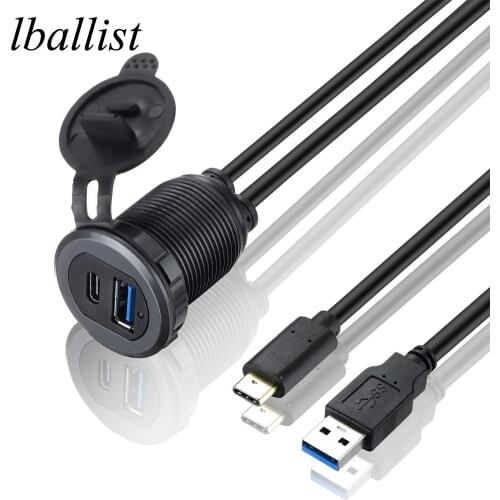 Lballist Flush Mount Panel USB 3.0 2.0 Male to Female+Type C Male to Female Extension Cable Shielded With Indicator Light
