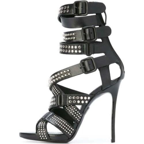 Summer Ladies Metal Rivets Studs Straps Buckles Gladiator Sandals Thin high Heels Female Party Sexy Sandalias Shoes for Women