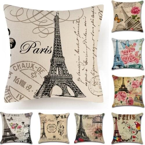 Hot Vintage Eiffel Tower Cushion Cover Romantic Paris Valentines Day Floral Pillow Covers Linen Cotton Sofa Couch Throw Pillows