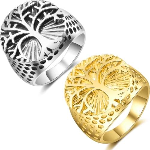 Megin D Silver Plated Tree of Life Gold Carved Vintage Retro Boho Hip Hop Rings for Women Men Couple Friend Gift Fashion Jewelry
