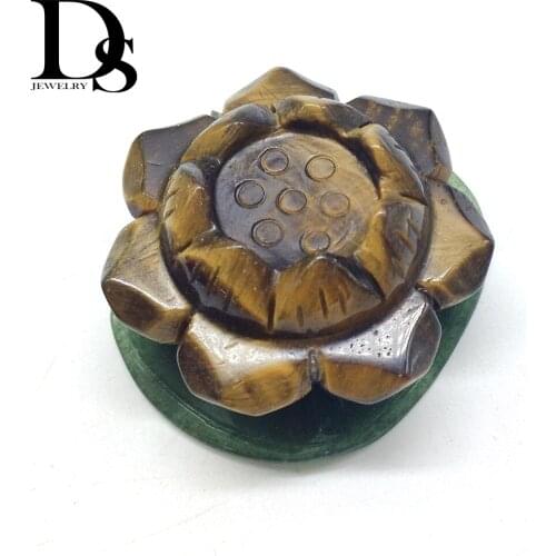 Natural Carved Yellow Tiger eye Quartz Lotus Crystal Stones Flower With Green Aventurine Leaf Buddhism Monk Charms Home Decora