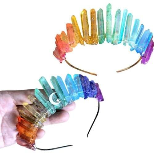 Raw Crystal Quartz Crown Headband Handmade Rainbow Colorful Stone Jewelry Hair Hoop Bohemian Wedding Party Headpiece