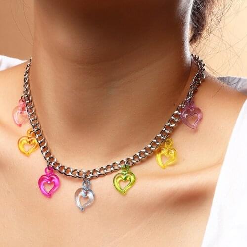 New Fashion Rainbow Acrylic Choker Necklace Stainless Steel Chain Cute Heart Pendant Necklace for Women Punk Colorful Party Gift