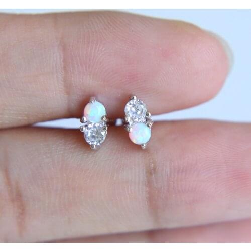 Double stone cz opal stud mini stud for multi piercing minimal 925 sterling silver stud earring
